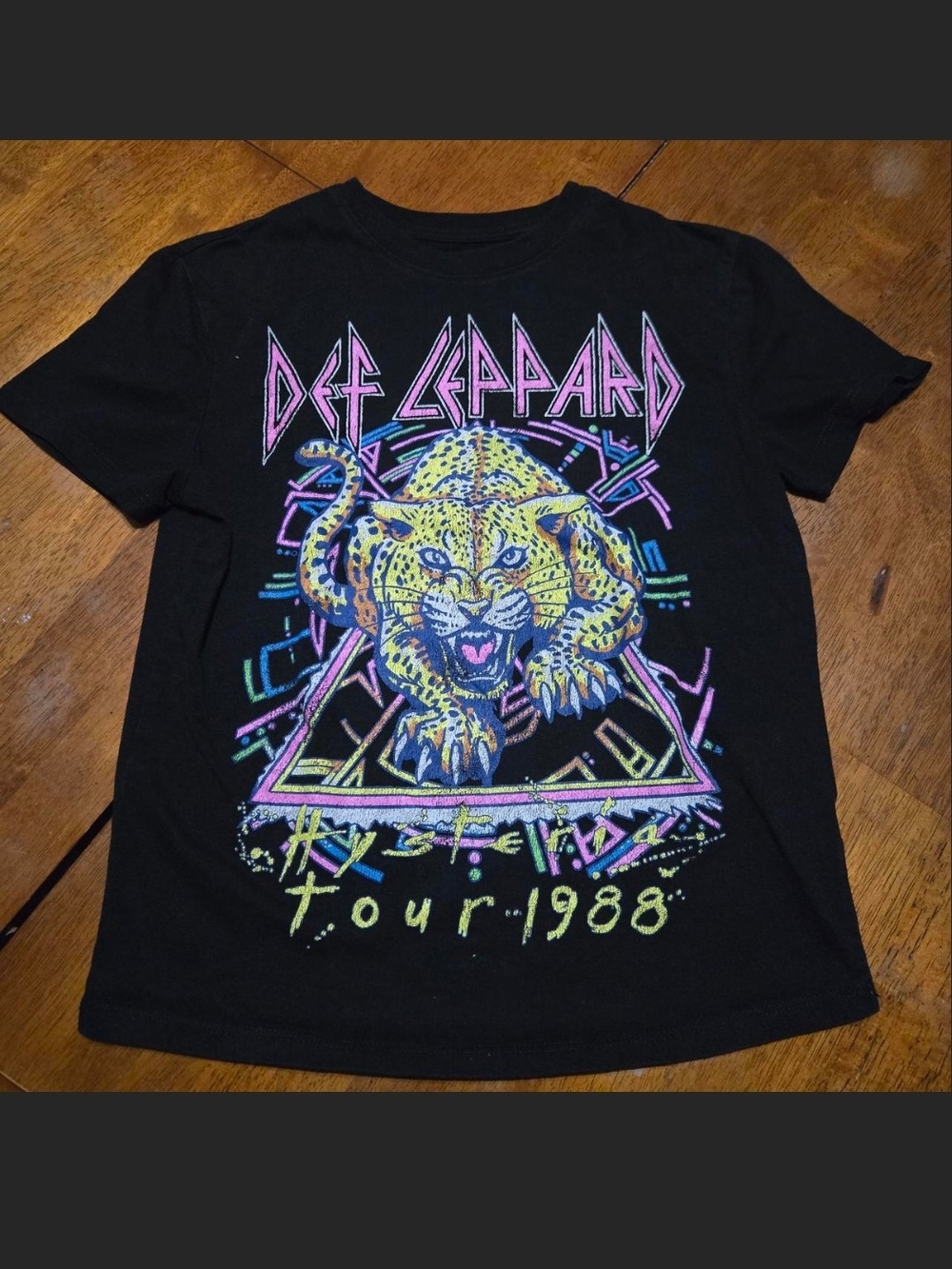 Kids Black Graphic Tour T‑Shirt with Neon  Def Leopard Print